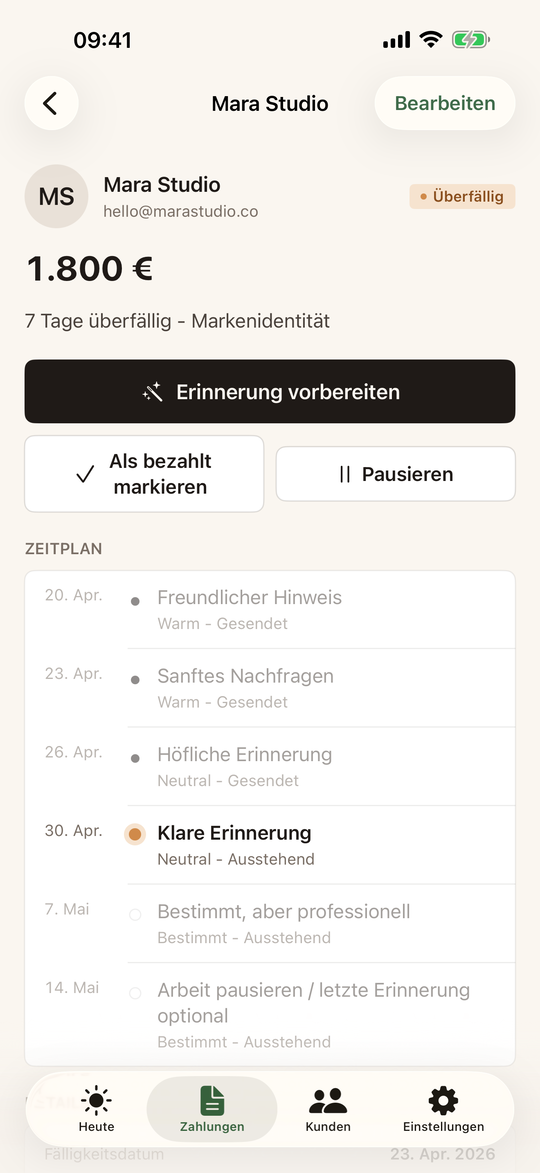 Kindly Paid Zahlungsdetail mit Follow-up-Plan