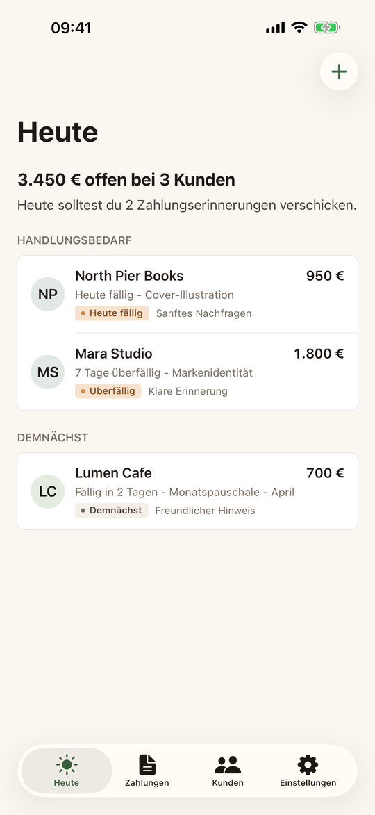 Kindly Paid Today-Dashboard mit offenen Zahlungen