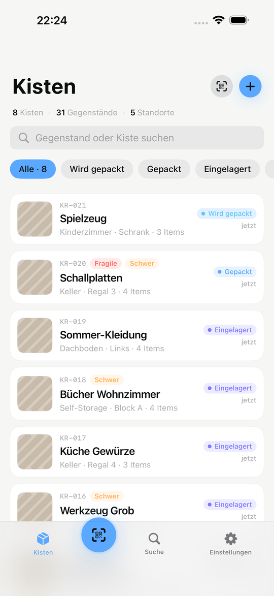 KistenRadar box list with search, status, and scan entry