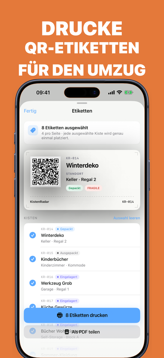 KistenRadar erstellt druckbare QR-Etiketten