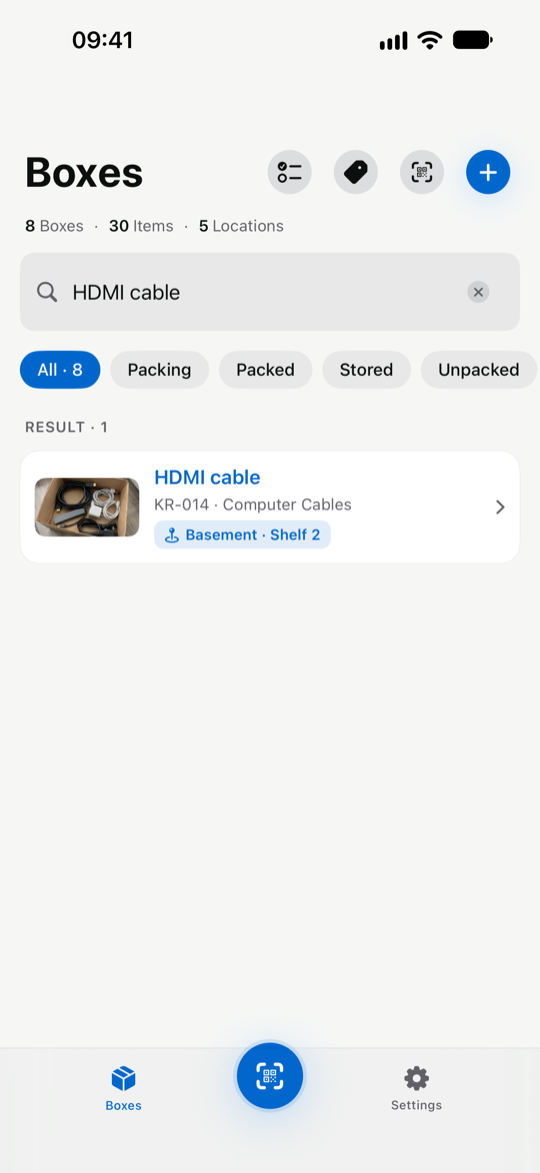KistenRadar item search showing matching boxes