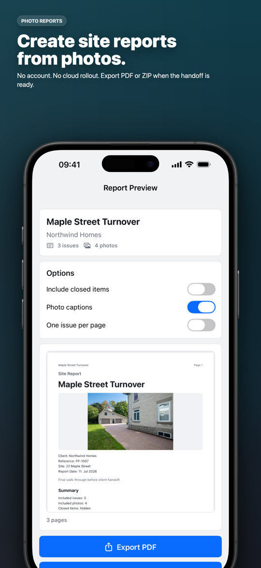 FieldProof site report with photos and open issues