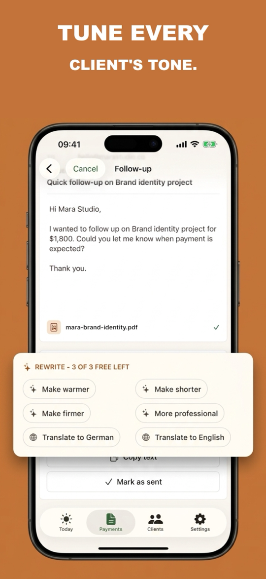 Kindly Paid adjusts the tone of a follow-up draft