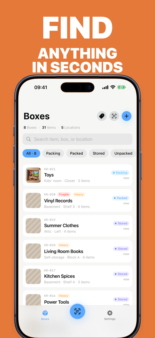 KistenRadar finds items through search or QR scan