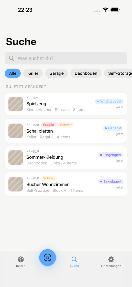 KistenRadar Suche nach Gegenständen und Lagerorten