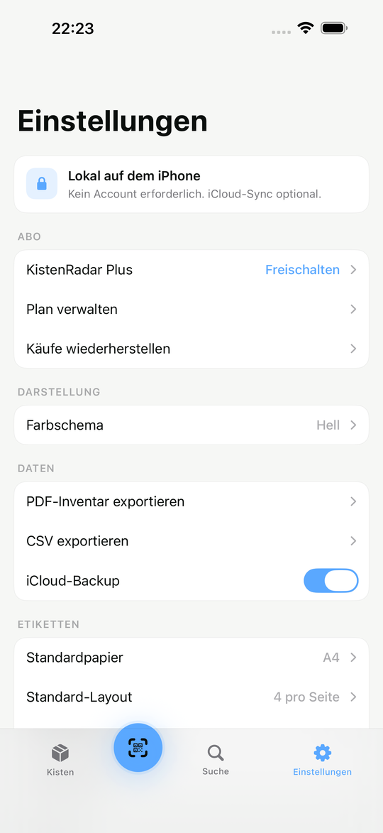 KistenRadar Einstellungen mit Export, iCloud-Backup und Etiketten