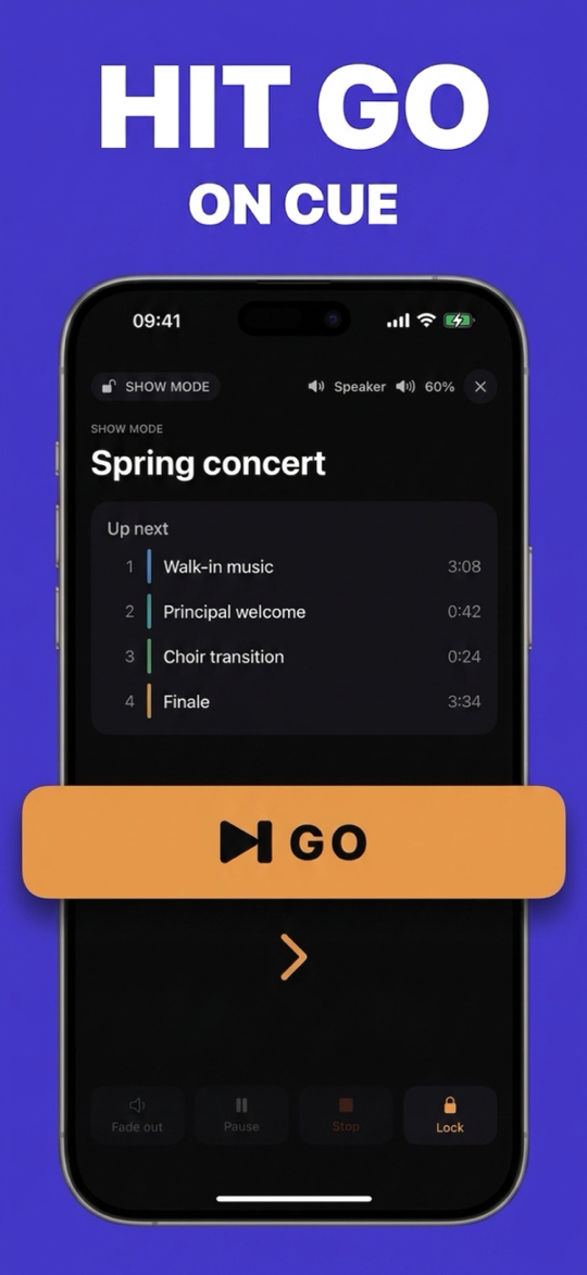 ShowCue Show Mode with a large GO button