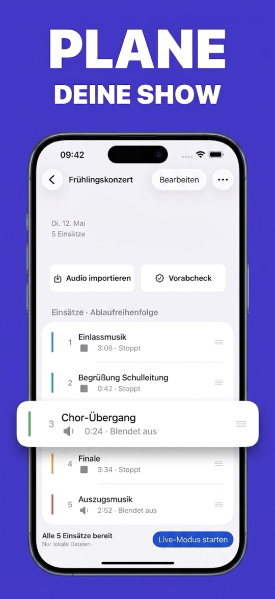 ShowCue vorbereitete Showliste mit Audio-Cues