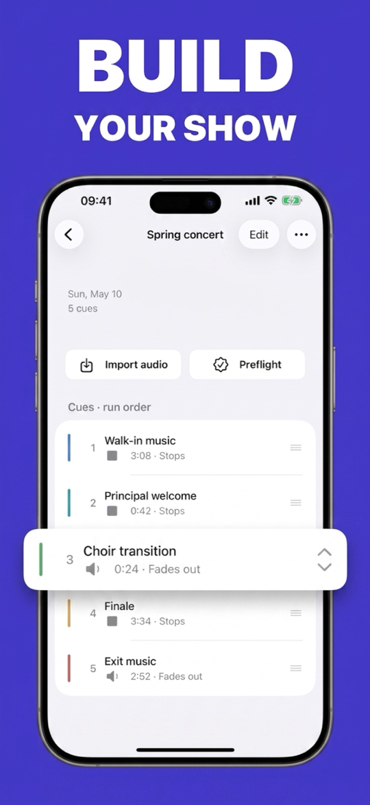 ShowCue prepared show list with audio cues