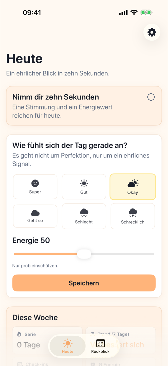 TapDiary Check-in auf dem Heute-Bildschirm