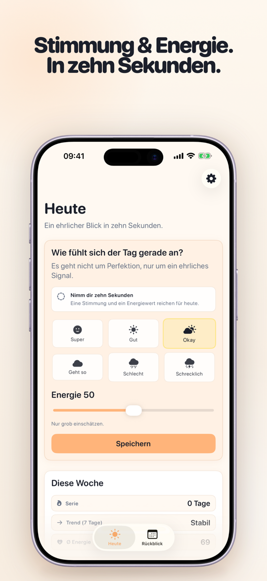 TapDiary Check-in für Stimmung und Energie