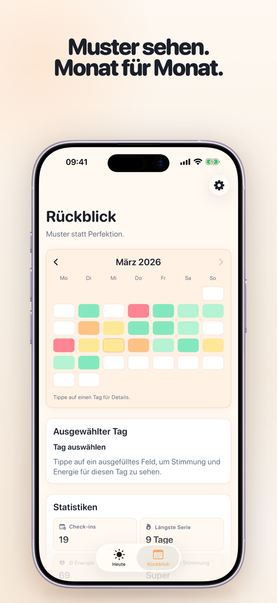 TapDiary Monatsrückblick mit Heatmap